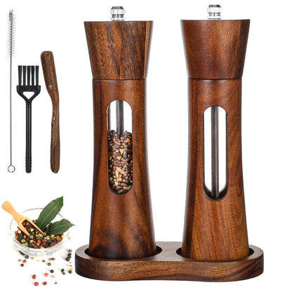 Wood Salt and Pepper Grinder Set, 8 inch Manual Refillable Wooden Salt and Pepper Shakers Mill with Brush, Tray and Spoon, Adjustable Coarseness, Solid Wood with Ceramic Stainless Steel Core