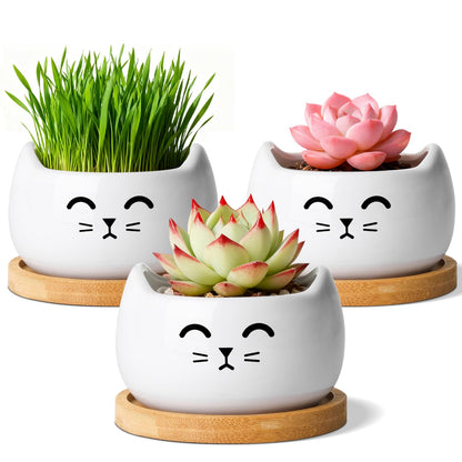 T4U Cat Planter 3.8 Inch, 3 Pcs Cute Cat Small Plant Pots for Indoor Plants, Mini Cat Succulent Pots for Plants, Ceramic Succulent Planters with Drainage, Tiny Flower Pots