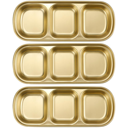 LCJAOF 3Pcs Stainless Steel Dipping Bowls-3 Compartment Appetizer Serving Tray, Soy Sauce Dish for Condiments, BBQ Sauce, and Seasoning, Dishwasher Safe, Gold