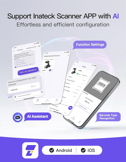 Inateck Wireless Barcode Scanner, 1D/2D QR Code Scanner with Smart Base, Bluetooth/2.4G/USB 3-in-1 Connectivity, Compatible with Windows/iOS/Android/Mac/Linux for Retail/Warehouse/Logistics