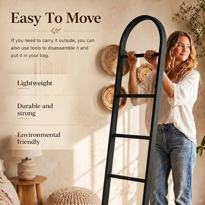 Sintuff Arched Blanket Ladder for Living Room, 5.5ft Wooden Blanket Rack, 5-Tier Natural Leaning Ladder Shelf for Farmhouse Bedroom Living Room Bathroom Decor (Arch,Balck)