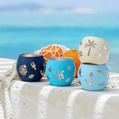 Coastal Ocean Glass Votive Candle Holders Set of 4, Laser Etched Nautical Tealight Holders with Anchor, Palm Tree & Sea Life Patterns, Summer Blue Glass Centerpiece for Home Spa Party Gift