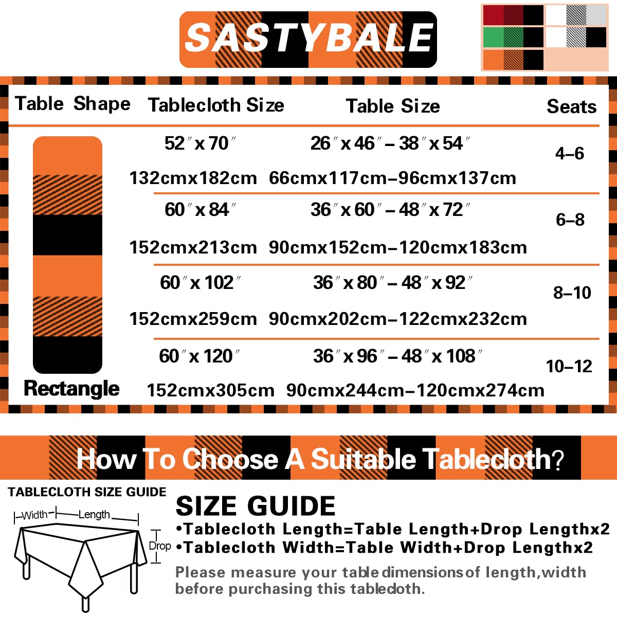 SASTYBALE Buffalo Plaid Vinyl Tablecloth Rectangle 52 x 70 Inch with Flannel Backing, Waterproof Plastic Table Cloth, Heavy Duty Tables Cover for Dining, Party, Indoor, Outdoor, Orange and Black