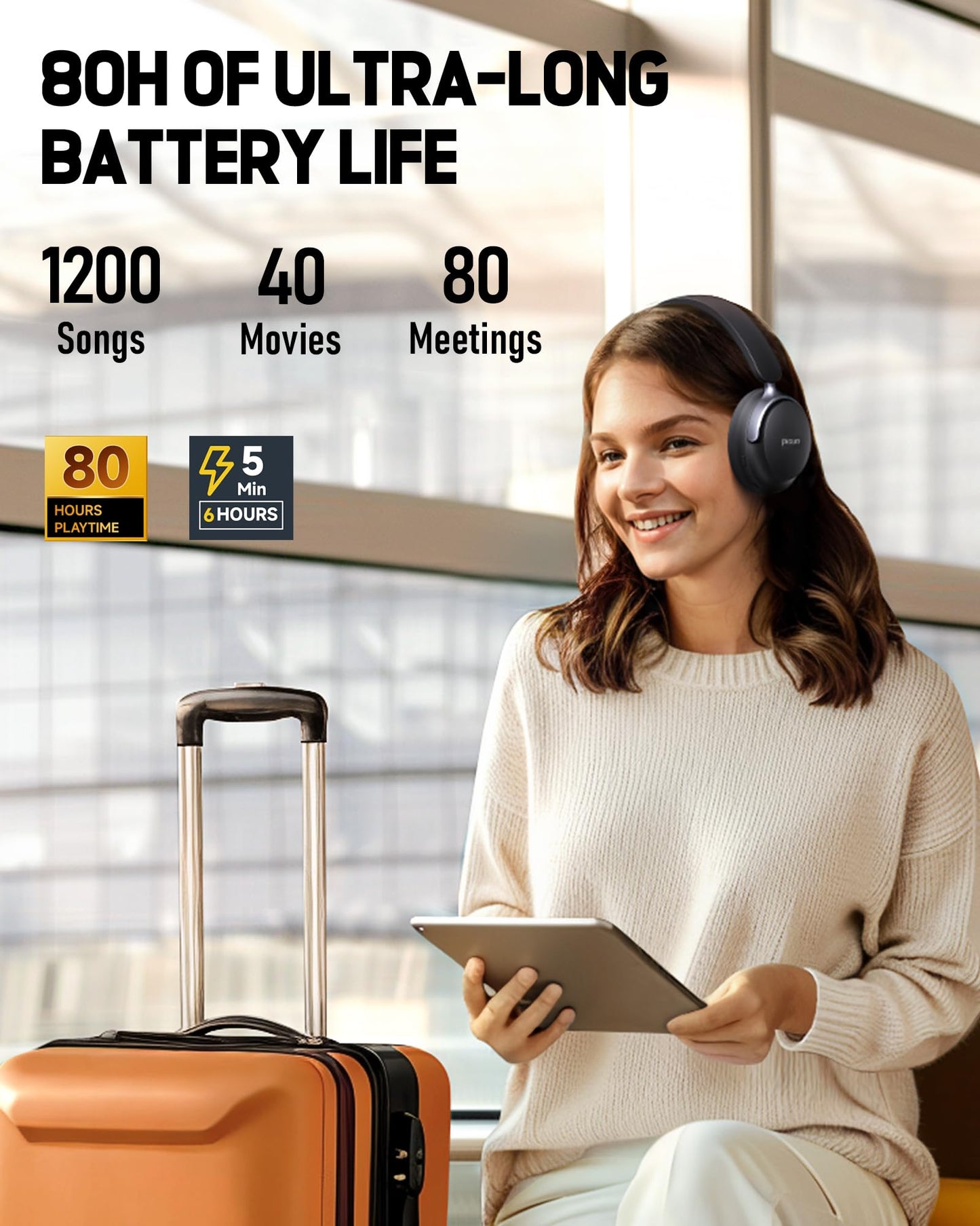 Picun NC60 Hybrid Active Noise Cancelling Headphones, Foldable Wireless Over Ear Bluetooth 5.4 Headphones, 80H Playtime, Transparency Mode, Stereo Bass, Custom EQ via App for Travel Home Black