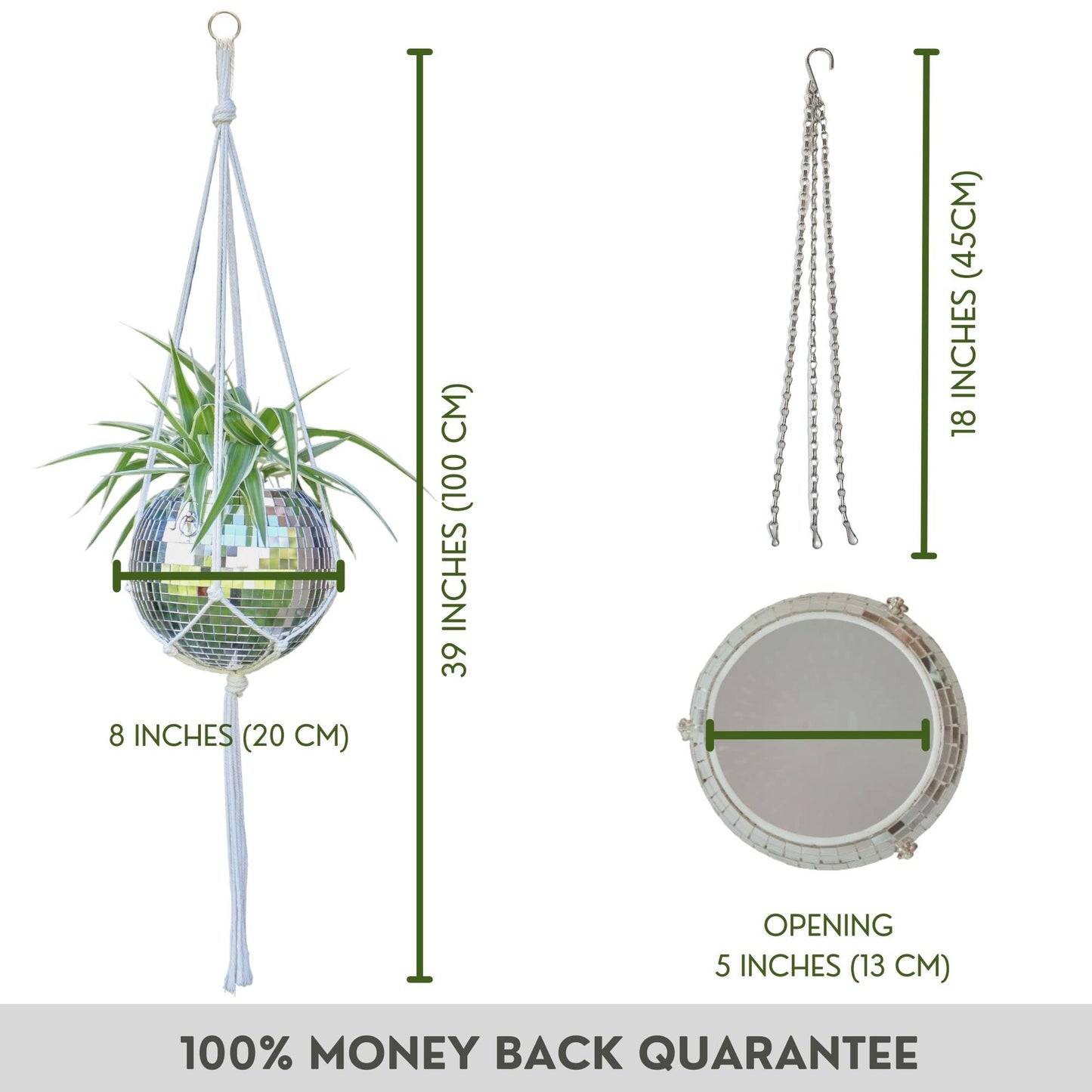 SCANDINORDICA Disco Ball Planter 8" Silver with Chain and Macrame Hanger and Disco Ball Planter Pot 4.3" with Saucer (0.3x0.3 mirror tiles)