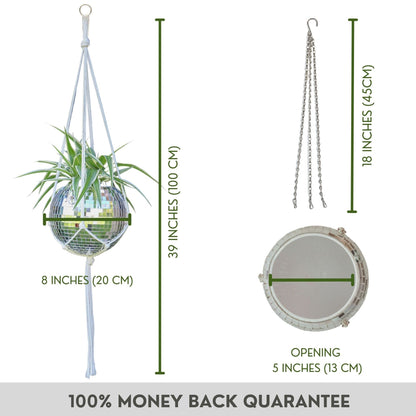 SCANDINORDICA Disco Ball Planter 8" Silver with Chain and Macrame Hanger and Disco Ball Planter Pot 4.3" with Saucer (0.3x0.3 mirror tiles)