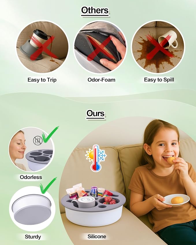 Couch Cup Holder Tray Round, Bonfixe 4-Cups Bedside Drink Holder for Elderly/Pregnancy, Stable Non-Spill Silicone Couch Caddy for Remote Control, Glasses‌, Snacks, Phones‌ (Black-Gray)