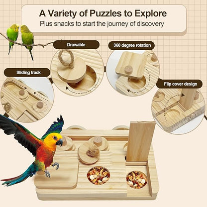2PCS Wooden Bird Foraging Puzzle Toys Interactive Parakeet Enrichment Foraging Toy for CageBird Slow Feeder Parrot Chewing Toy for Pets, Bird Perches Stand for Sun Conure and Small Sized Birds