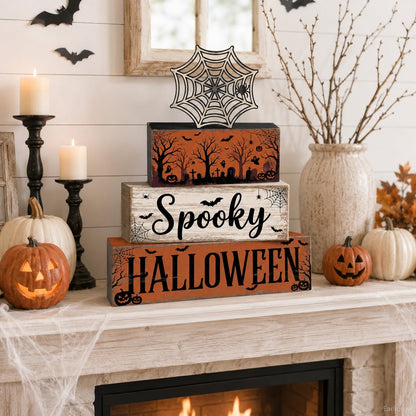 4 Pcs Halloween Table Decorations, Spider Web Tiered Tray Decor, Farmhouse Rustic Wooden Block Signs, Spooky Halloween Tabletop Centerpiece for Home Kitchen Shelf Office Mantel