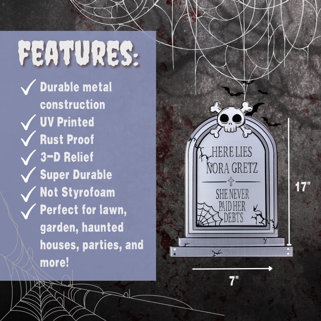 3-D Metal Halloween Ghost XL 17" Tombstone w Stakes - RIP Nora Gretz- Durable, Rustproof, UV Raised Printing- Upgrade Your Haunted House Mansion w Cemetery Lawn Decor- No More Flimsy Foam Graveyards