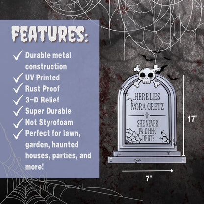 3-D Metal Halloween Ghost XL 17" Tombstone w Stakes - RIP Nora Gretz- Durable, Rustproof, UV Raised Printing- Upgrade Your Haunted House Mansion w Cemetery Lawn Decor- No More Flimsy Foam Graveyards