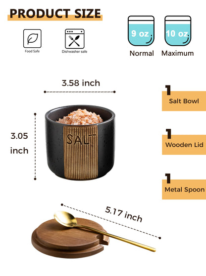 YHOJOY Salt Container for Countertop, Ceramic Salt Cellar with Lid & Spoon, Farmhouse Salt Bowl for Mother's Day, 10 OZ, Black