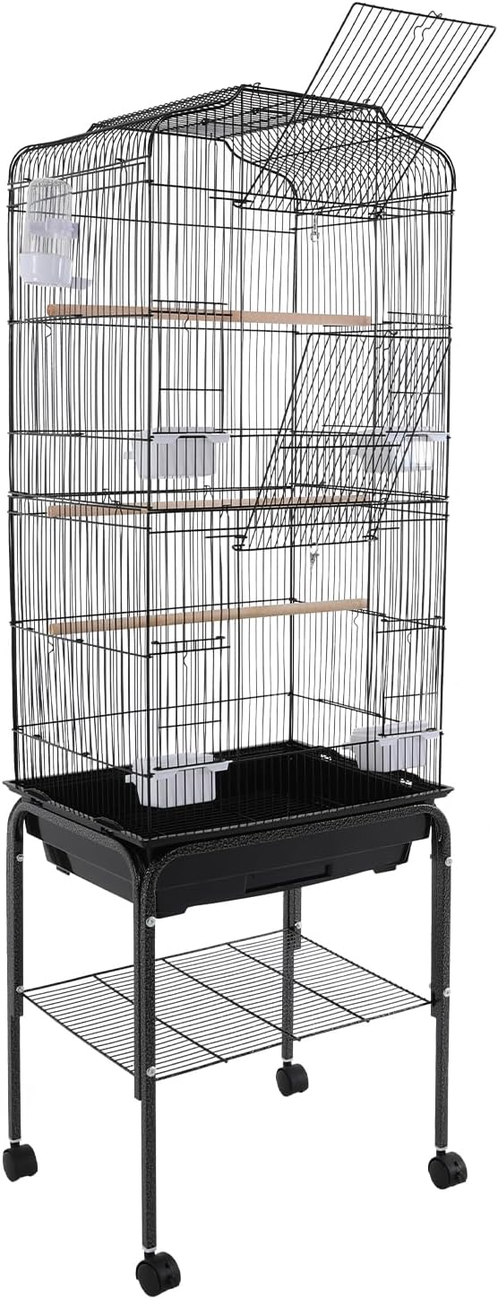 54in Metal Bird Cage Large Parakeet Cages for Parrot, Cockatiel, Lovebird, Pigeon Pagoda Bird House with Rolling Stand,Feeding Bowls & Waterer (Black-54in)