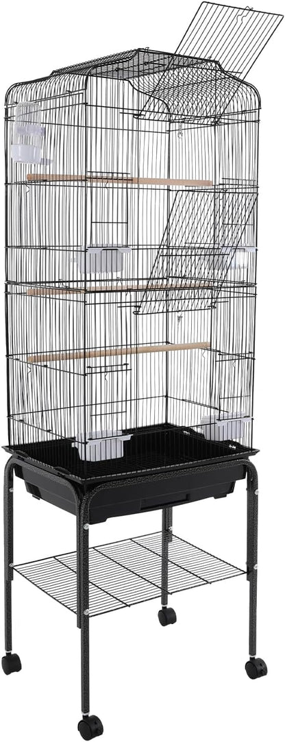 Large Bird Cage with Rolling Stand, Parrot Cage for Parakeets Cockatiels Conures, Heavy Duty Metal Birdcage with Wheels, Removable Tray & Storage Shelf for Indoor Use (Black)