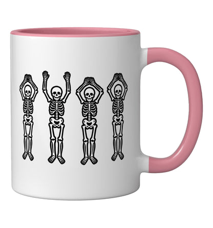 Halloween Dancing Skeletons Row - Funny Spooky Skeletons Ceramic Mug, Pink/White