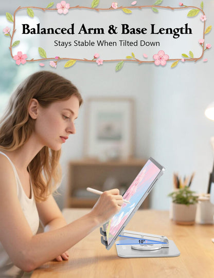 Axbima Rotating Tablet Stand for Desk-Aluminum Office Desk Accessories for Women Moms iPad Gifts Home Office Portable Monitor Stand for iPad, Compatible with iPad Pro, Air, Mini, Kindle 4–12.9",Silver