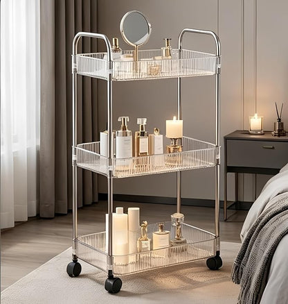 Sooyee Clear 3-Tier Plastic Rolling Utility Cart with Wheels, Multi-Functional Storage Trolley for Office, Living Room, Kitchen, Movable Storage Organizer with Wheels