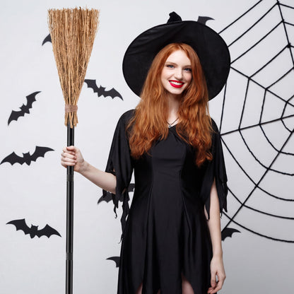 ADXCO 12 Pieces Halloween Costume Accessories Set with 6 Halloween Retractable Witch Broom and 6 Cosplay Witch Hats Decorations Straw Bamboo Witch Broomstick Plastic Broom Props for Party Decoration