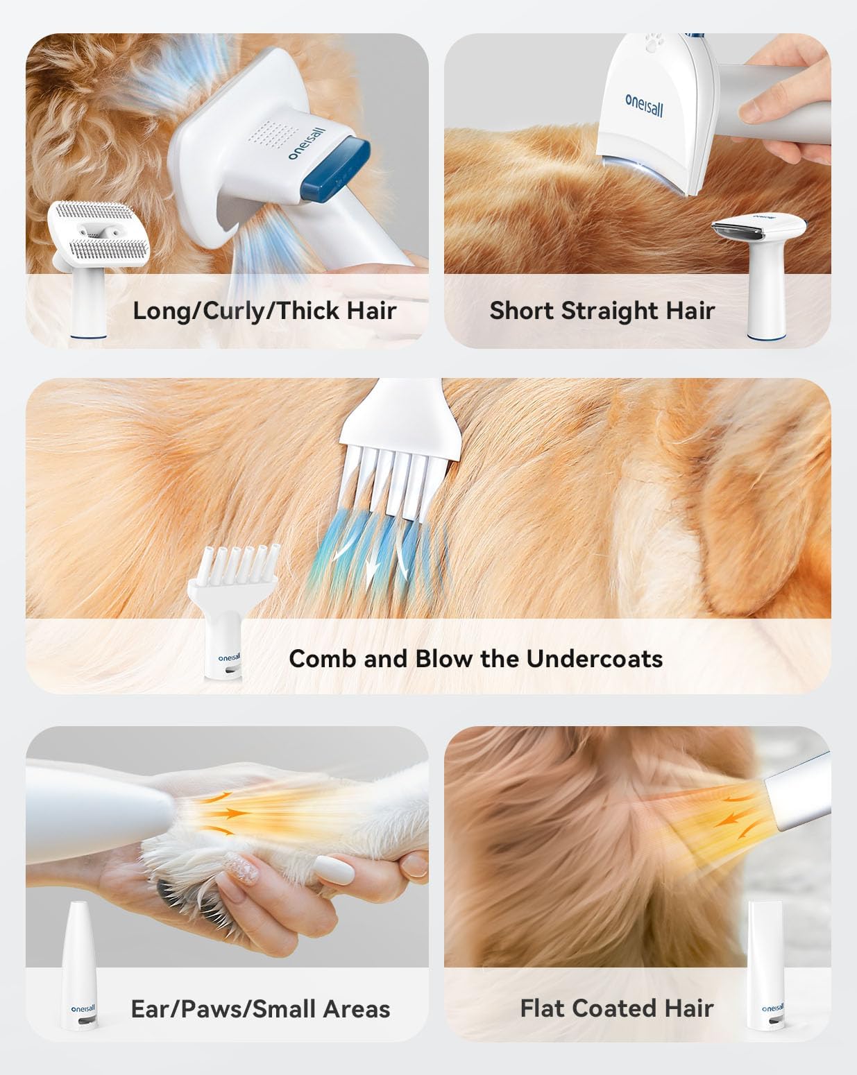 oneisall Dog Vacuum & Dryer for Shedding Grooming, 8 in 1 Dog Grooming Kit with Metal Blades Pet Clippers, Adjustable Speed and Temperature Control Blower