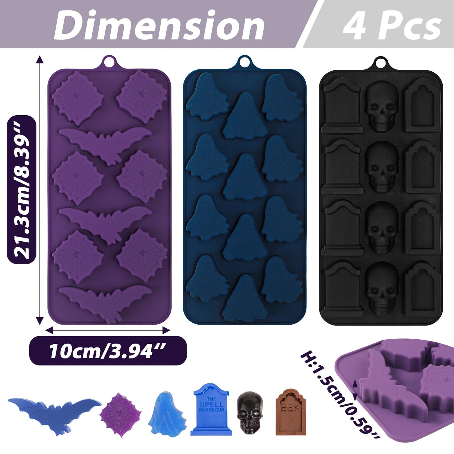 Webake Halloween Chocolate Mold Shaped with Pumpkin Jack-O-Lantern, Skull, Tombstone, Ghost, Bat and Spider, Halloween Silicone Molds for Chocolate, Candy, Ice Cube, Jello, Soap, Pack of 4