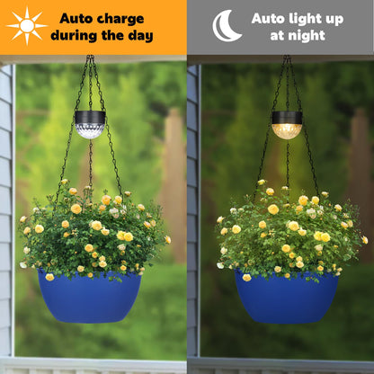 SUNNYPARK 2 Packs Hanging Planters Basket for Outdoor Plants, Solar Powered Self Watering Blue Round Plastic Flower Pots with Drainer for Balcony Patio Garden Outdoor Decoration