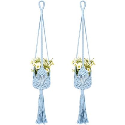 BUNCHBRAVO 2 Pack Macrame Plant Hangers, 33-Inch Cotton Rope Hanging Planters with Diamond Design, Boho Home Decor for Indoor and Outdoor Use, Blue