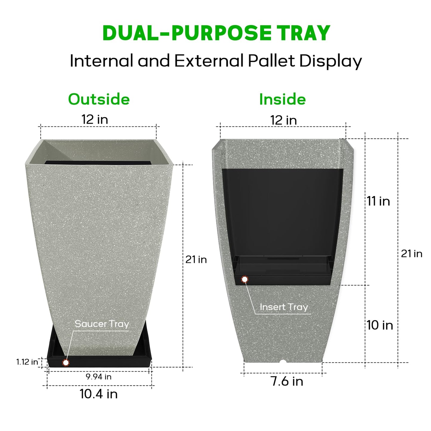 FIASON Set of 2 Large Tall 21 Inch Planter Pots Indoor/Outdoor-Matte Grey Square Flower Planters with Tray for Patio, Front Door, Deck | Weather-Resistant & Lightweight Plastic (Grey)