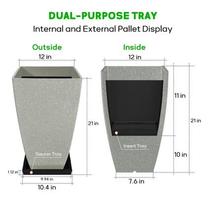 FIASON Set of 2 Large Tall 21 Inch Planter Pots Indoor/Outdoor-Matte Grey Square Flower Planters with Tray for Patio, Front Door, Deck | Weather-Resistant & Lightweight Plastic (Grey)