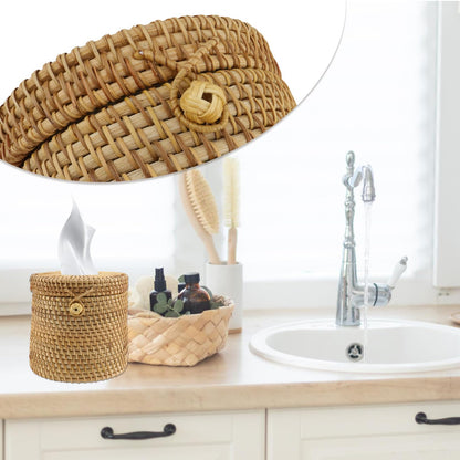Risbay 1PCS Rattan Round Tissue Box Cover Tissue Box Holder Decorative Woven Facial Tissue Holder