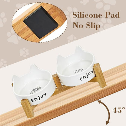 Ceramic Dog and Cat Bowl Set with Wooden Stand Slip Matte Glaze Heavy Weighted Food & Water Dish-White Cat Ear-6.76 OZ