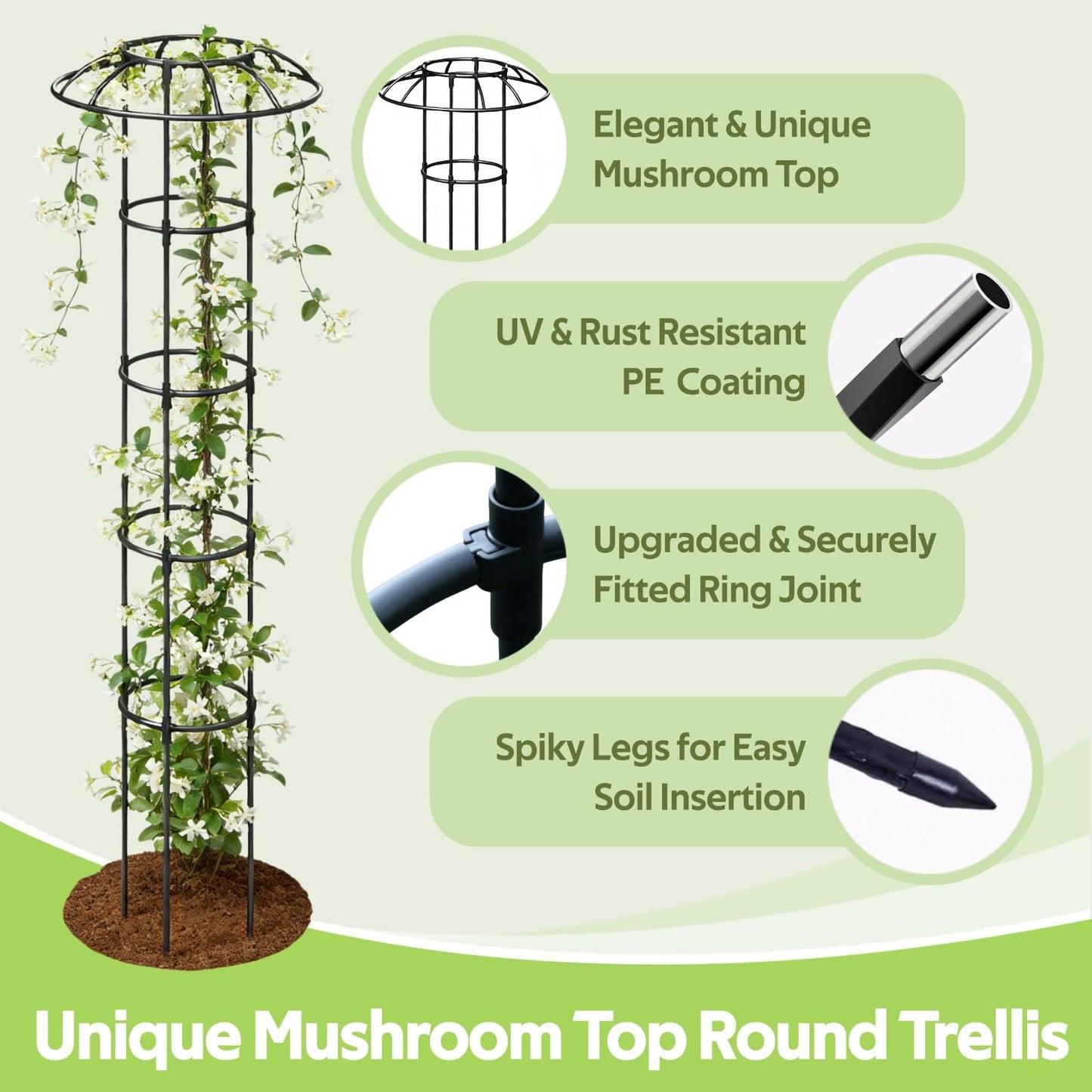 Jesosia Garden Trellis for Climbing Plants Outdoor - Unique Umbrella Top Round Trellis for Indoor Potted Plant - 64" Tall Rustproof PE Coated Metal Pipe Obelisk Support Ivy Vine Rose Grape Vegetable