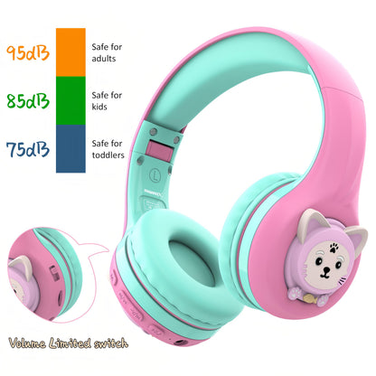 Riwbox CB-7S Kids Wireless Headphones,with Safe Volume Control 74/85/95dB,LED Glow Lights,50H Playtime,Bluetooth V5.3,Built-in Mic, TF Card Slot,for Travel/School/Phone/Laptop (Pink&Green)