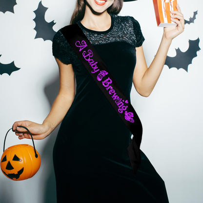 A Baby is Brewing Black Sash - Purple Foil Halloween Theme Baby Shower Gender Reveal Party Accessories - Pregnancy Celebration Party Decoration