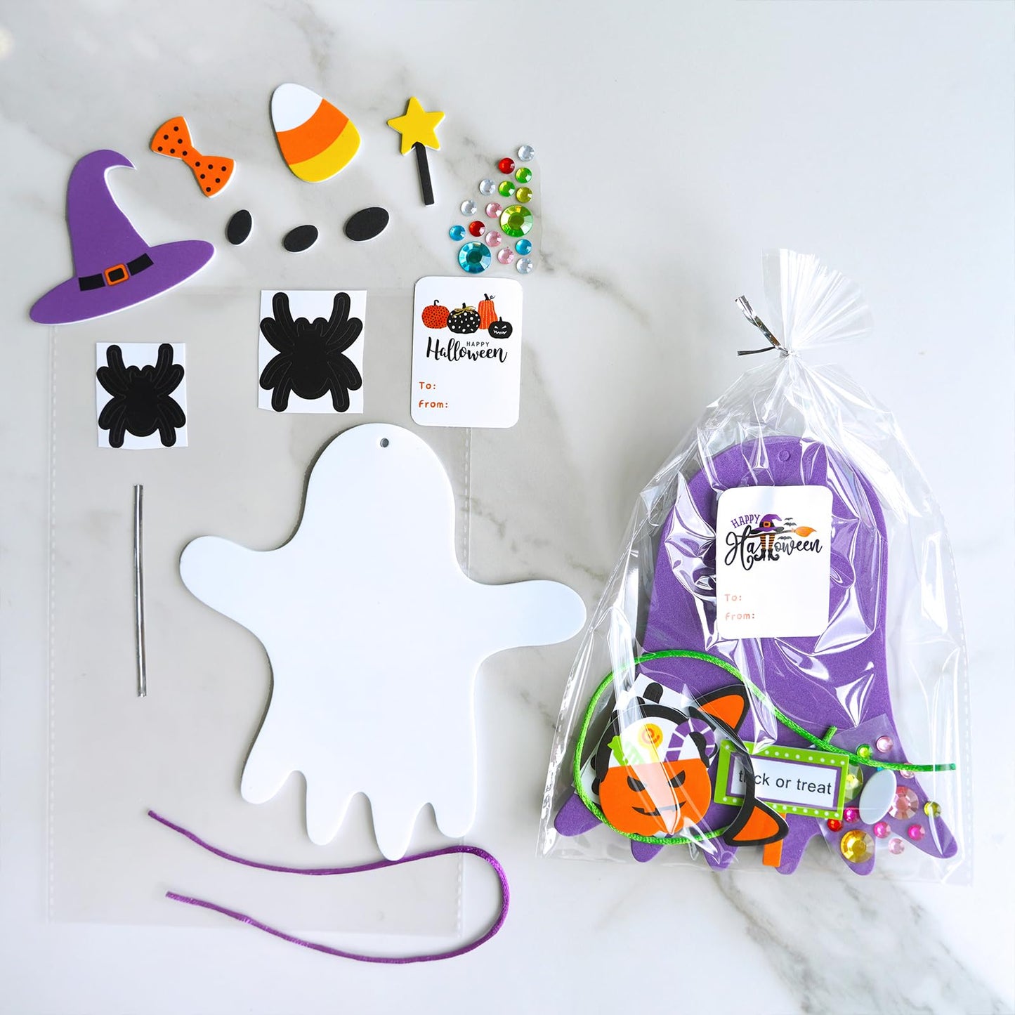 Winlyn 24 Set Fall Crafts DIY Halloween Ghost Tree Ornaments Decorations Kit with Foam Ghost Stickers for Kids Party Favors & Classroom Art Activities