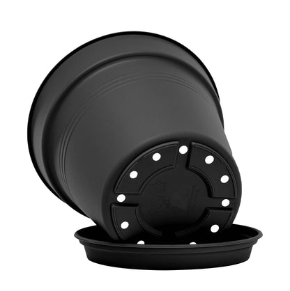 Mintra Garden Pots, 4 Pack Bulk Plastic Plant Pots with Drainage Tray, Round Indoor & Outdoor Decorative Planters with Drain Holes for Flowers, Herbs & Plants, 19cm Diameter – Black, 7.5 in
