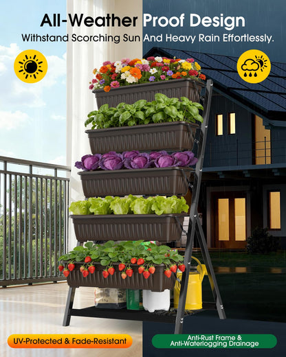 Olaiti 5-Tier Vertical Garden Bed Planter Boxes with Drainage System & Storage Space, Freestanding Vertical Garden Planter with 5 S-Hooks for Plants Vegetables Flowers Herbs in Garden Patio Yard