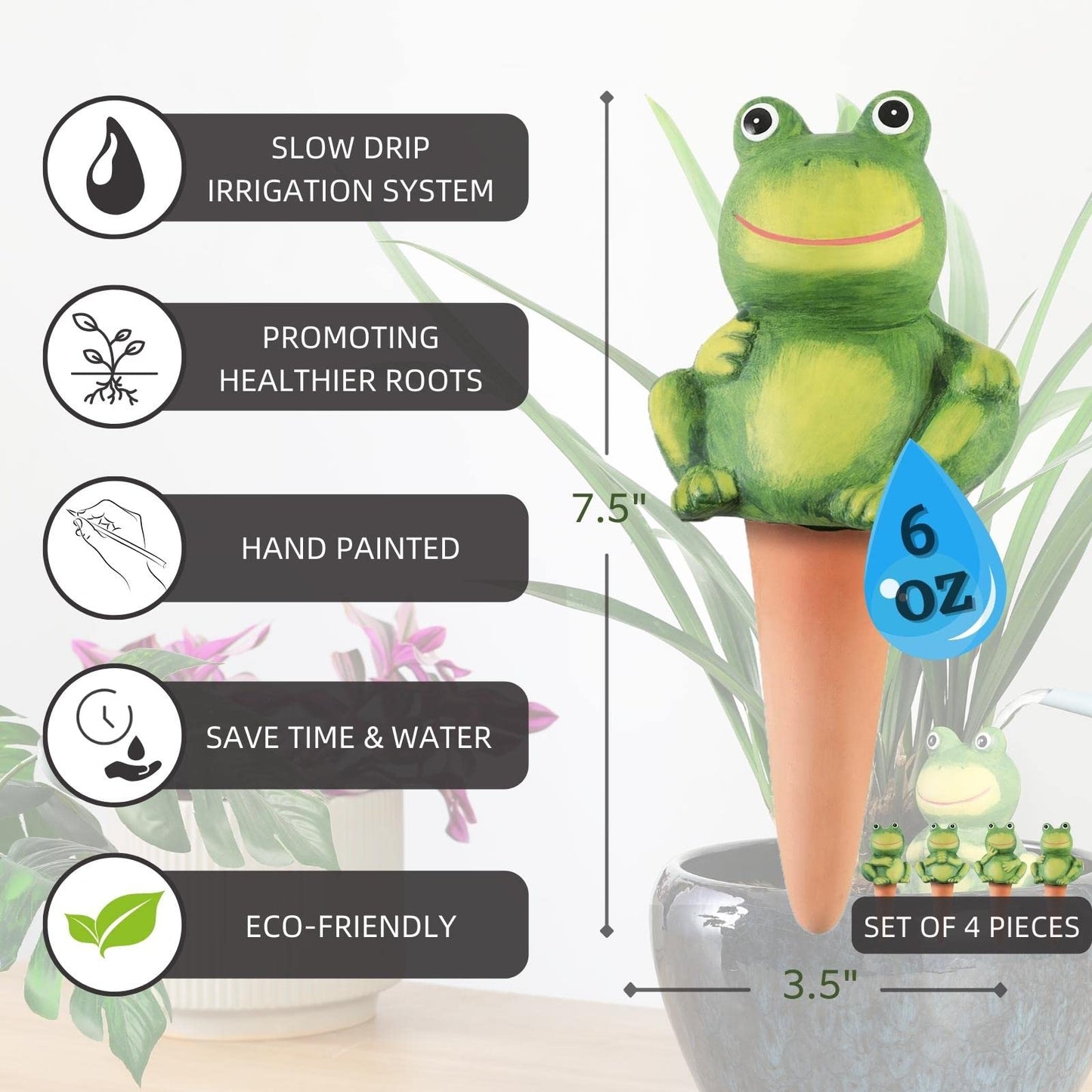XueshouRT 4-Pack Frog Plant Watering Globes Decorative Self Watering Spikes Planter Insert Terracotta Plant Watering Devices Automatic Plant Waterer for Indoor Outdoor Plants