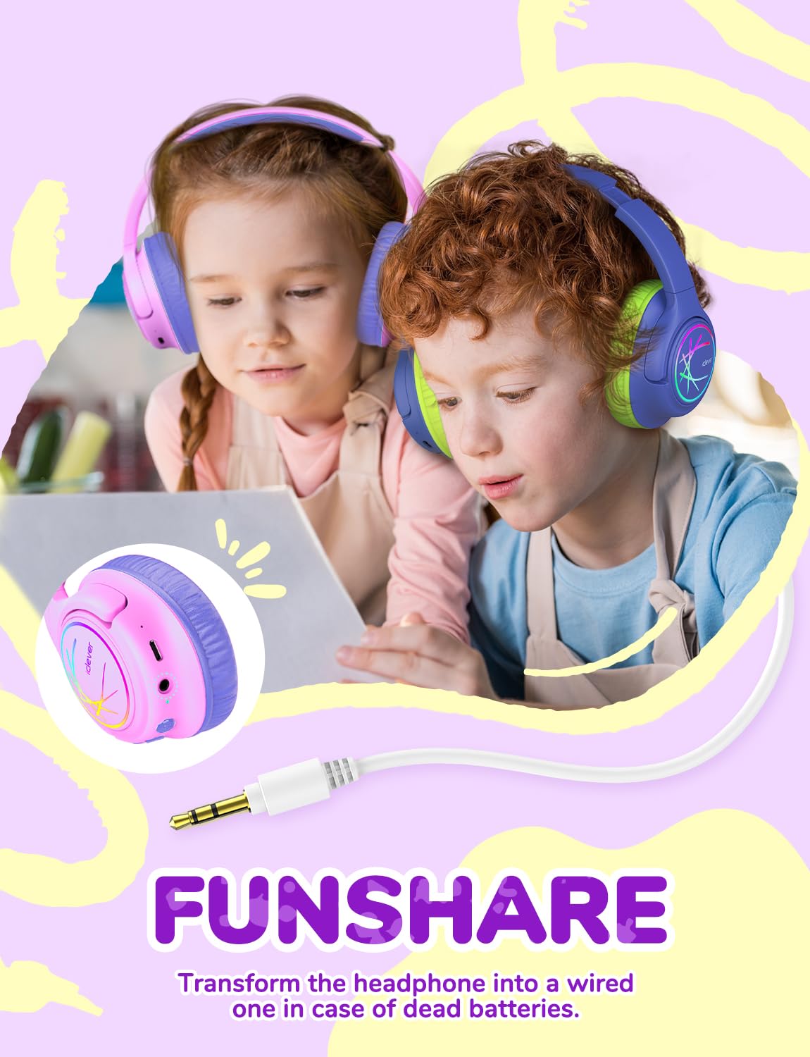 iClever Kids Bluetooth Headphones with LED Lights, BTH18 Safe Volume 74/85dBA, 43H Playtime, Bluetooth5.3 Kids Headphones Wireless Aux Cord for iPad/Tablet/Travel/School, Pink/Blue