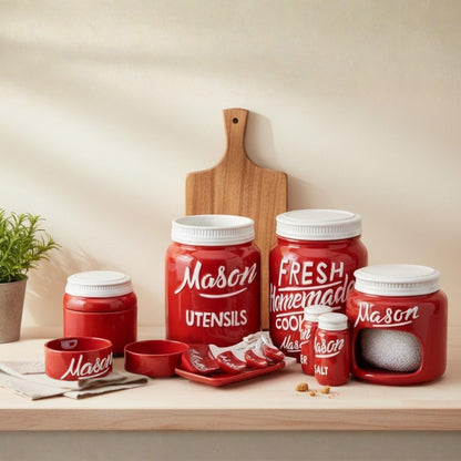 Mason Jar Ceramic Canister Set, Farmhouse Canisters Sets for the Kitchen Decor, Utensil Holder, Spoon Rest, Cookie Jar, Salt & Pepper Shaker, Sponge Holder, Measuring Cups & Spoons (Red, 17-Pc Bundle)