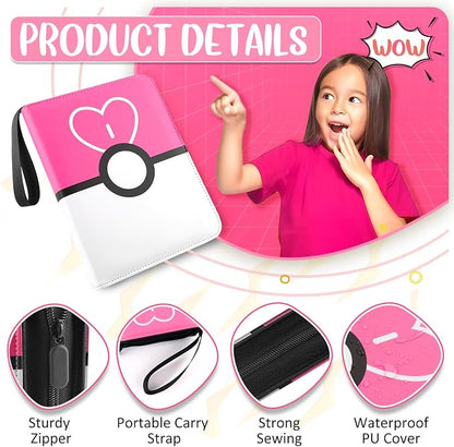 Card Binder 4 Pocket, Trading Card Holder Fits 400 Cards With 50 Removable Sleeves, Portable Collection Card Ablum, Game Card Case book With Zipper for Gift Pink
