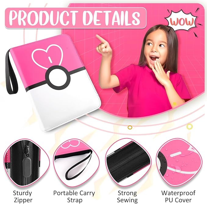900 - Pockets Trading Card Binder with Removable 50 Sleeves, Card Collector Album with Zipper, Portable Card Holder Book Fits Sports Card, Game Card - Pink