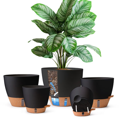 T4U 5 Pack Self Watering Pots (6"+8"+9"+10"+12") - Water Level Indicator & Deep Reservoir, Mess-Free Planters for Busy People, Beginners & Gardeners, Fit Most Plants, Indoor Outdoor Use (Black)