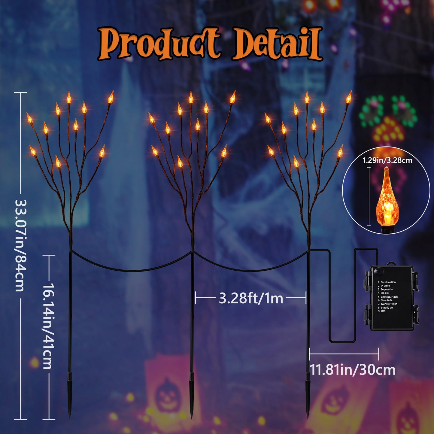 ODEETRONIC Halloween Pathway Lights – 3 Pack 30 LED Orange Candle Stake Lights, 7.54ft 8 Modes Outdoor Halloween Light Battery Operated, Waterproof & Timer Orange Light for Lawn, Path, Garden Decor