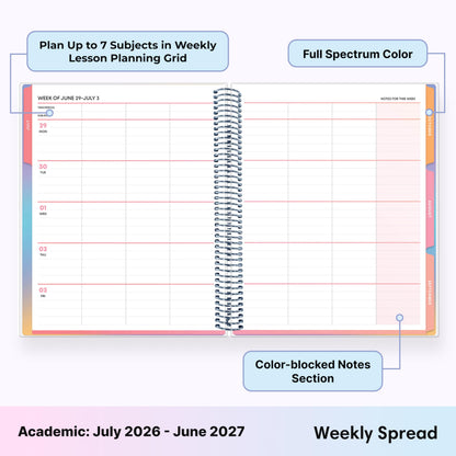 Blue Sky Teachwell 2026-2027 Weekly and Monthly Academic Year Teacher Lesson Planner Calendar, July 2026 - June 2027, 8.5" x 11", Flexible Cover, Heavy Duty Coil Binding, Colorful Interior, Laminated Tabs, Storage Pocket, Includes Stickers, Mikki