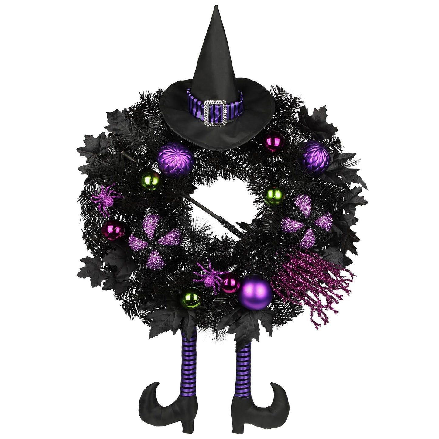 Halloween Wreath for Front Door 26" Tinsel Black Witch Wreath with Hat Legs and Purple Pumpkin for Fall Autumn Indoor Window Door Thanksgiving Halloween Decorations