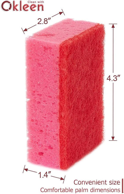 Pink Multi Use Scrub Sponges. Made in Europe. 18 Pack, 4.3x2.8x1.4 inches. Odorless Heavy Duty & Non Scratch Fiber. Durable and Delicate Scrubber for Kitchen & Bathroom, Housekeeping & Outdoors