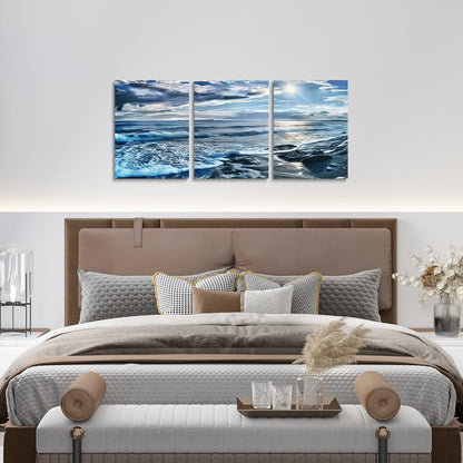 Canvas Wall Art Set of 3 for Living Room Bedroom, Blue Beach Paintings Wall Decor Ocean Sea Wave Print Wall Art Ocean Scenery Poster Prints for Bathroom Home Decor,Rustic Farmhouse Artwork Decor