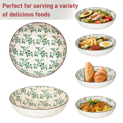 Ronanemon Large Serving Bowls, 78 Oz Extra Large Salad Bowl, Green Floral Pattern Design Decorative Bowls for Salad, Fruit, Pasta and Dinner, Serving Dishes for Party, Dishwasher & Microwave Safe