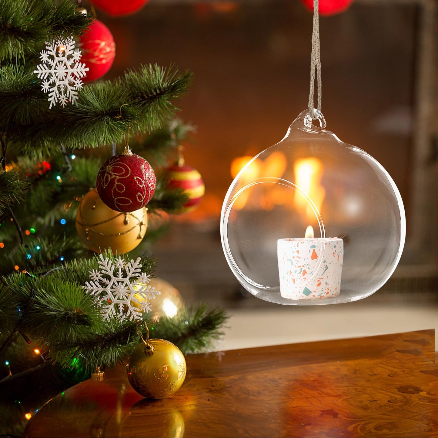 VICASKY 5pcs Hanging Glass Tealight Holders Sphere Ball Candle Holders with 8cm Opening and 1.2m Jute Rope for Indoor Home Décor and Plant Terrariums
