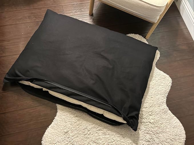 Natural Cotton Canvas Dog Bed – Raw Cotton Filled Pet Cushion Insert, Breathable Eco-Friendly Dog Mattress, Durable Washable Cover with Zipper (Black, Large 48"x30"x5")